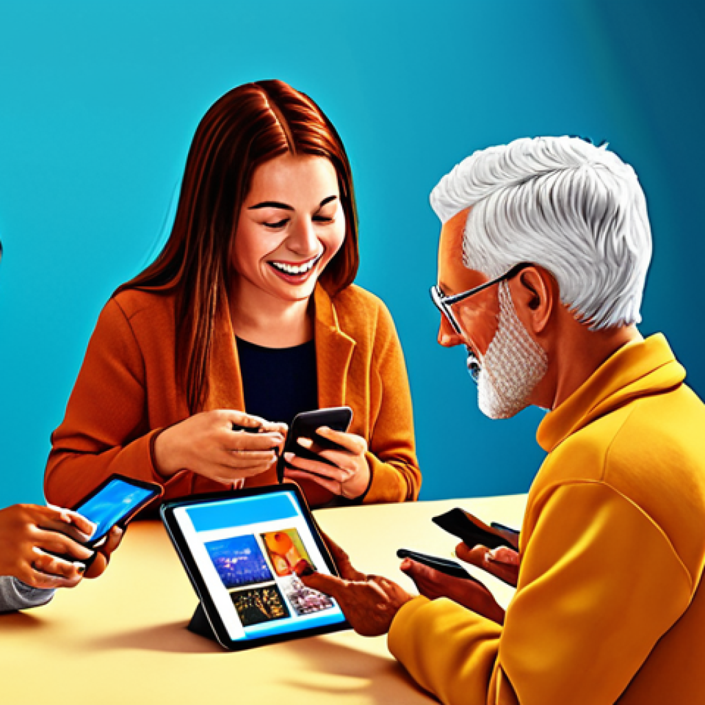 **Prompt:** A vibrant, dynamic illustration depicting a diverse group of people (male and female, various ages) looking at their smartphones and tablets, subtly influenced by content displayed on their screens. In the foreground, a modern, charismatic creator is interacting with them, perhaps showcasing a product or sharing a story, radiating authenticity and trust. Elements like fashion items, food, or tech gadgets could be subtly visible, representing everyday life changes. The scene emphasizes connection, community, and the power of genuine recommendations. Style: Contemporary, digital art with warm, engaging colors.