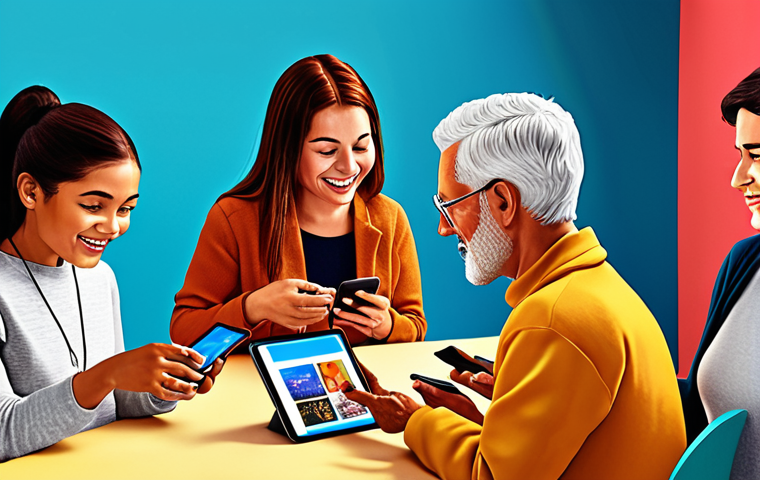 **Prompt:** A vibrant, dynamic illustration depicting a diverse group of people (male and female, various ages) looking at their smartphones and tablets, subtly influenced by content displayed on their screens. In the foreground, a modern, charismatic creator is interacting with them, perhaps showcasing a product or sharing a story, radiating authenticity and trust. Elements like fashion items, food, or tech gadgets could be subtly visible, representing everyday life changes. The scene emphasizes connection, community, and the power of genuine recommendations. Style: Contemporary, digital art with warm, engaging colors.
