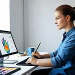 Digital Artist at Work**

A digital artist in a modern studio, wearing casual professional attire, fully clothed. The artist is working on a digital painting using a graphics tablet. The studio is bright and airy, with natural light. The scene includes a computer monitor displaying the artwork, along with art supplies and reference materials. Perfect anatomy, correct proportions, well-formed hands, proper finger count, natural body proportions. Safe for work, appropriate content, fully clothed, professional.

**