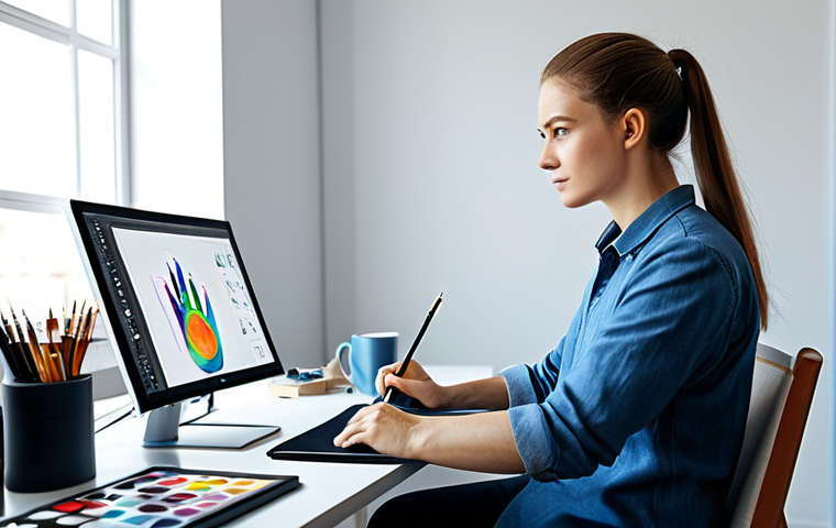 Digital Artist at Work**
A digital artist in a modern studio, wearing casual professional attire, fully clothed. The artist is working on a digital painting using a graphics tablet. The studio is bright and airy, with natural light. The scene includes a computer monitor displaying the artwork, along with art supplies and reference materials. Perfect anatomy, correct proportions, well-formed hands, proper finger count, natural body proportions. Safe for work, appropriate content, fully clothed, professional.
**