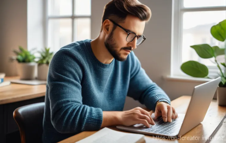 디지털 콘텐츠의 품질과 전략 - "Focused Blogger Creating Content"**
    A young adult (male or female) with a thoughtful expression...