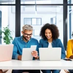 디지털 콘텐츠의 사용자 경험 UX - **Prompt:** A diverse group of people, aged 18-60, are smiling and engaged while seamlessly interact...