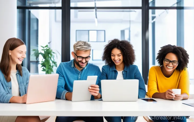 디지털 콘텐츠의 사용자 경험 UX - **Prompt:** A diverse group of people, aged 18-60, are smiling and engaged while seamlessly interact...