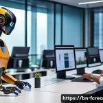 미래 직업 전망 2030 - A futuristic office environment blending human workers and advanced robotics, showing diverse Bengal...