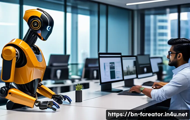 미래 직업 전망 2030 - A futuristic office environment blending human workers and advanced robotics, showing diverse Bengal...