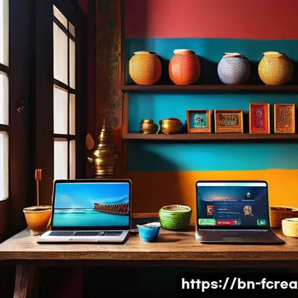 디지털 콘텐츠의 글로벌화 - A vibrant digital workspace showcasing a Bengali blogger in a cozy room filled with cultural artifac...