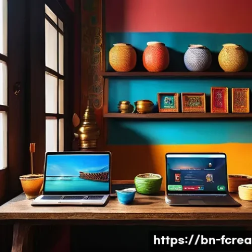디지털 콘텐츠의 글로벌화 - A vibrant digital workspace showcasing a Bengali blogger in a cozy room filled with cultural artifac...
