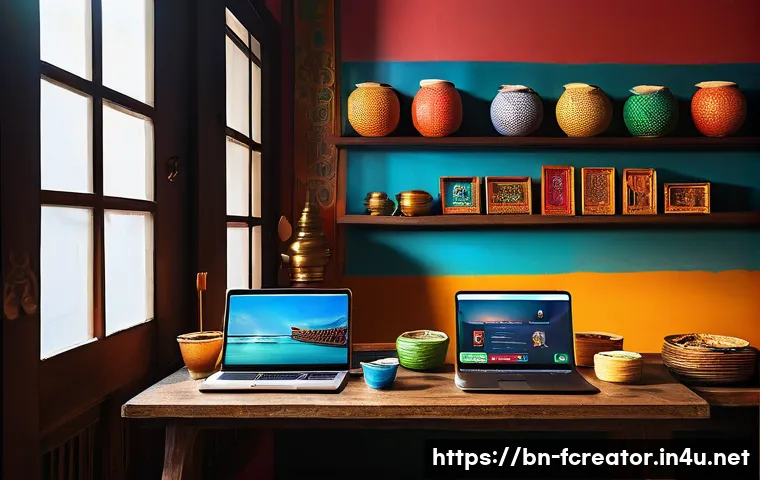 디지털 콘텐츠의 글로벌화 - A vibrant digital workspace showcasing a Bengali blogger in a cozy room filled with cultural artifac...