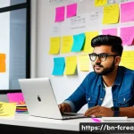 디지털 마케팅에서의 창의성 - A vibrant digital marketing workspace featuring a Bengali content creator brainstorming unique video...