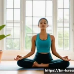 크리에이터의 스트레스 관리 - A serene indoor scene of a Bengali creator practicing light yoga in a bright, minimalist room with l...