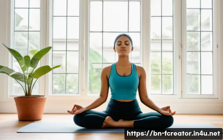 크리에이터의 스트레스 관리 - A serene indoor scene of a Bengali creator practicing light yoga in a bright, minimalist room with l...