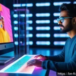 AI로 변화하는 창작 환경 - A futuristic digital artist at work in a vibrant studio filled with holographic screens displaying A...