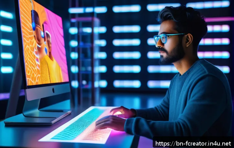AI로 변화하는 창작 환경 - A futuristic digital artist at work in a vibrant studio filled with holographic screens displaying A...