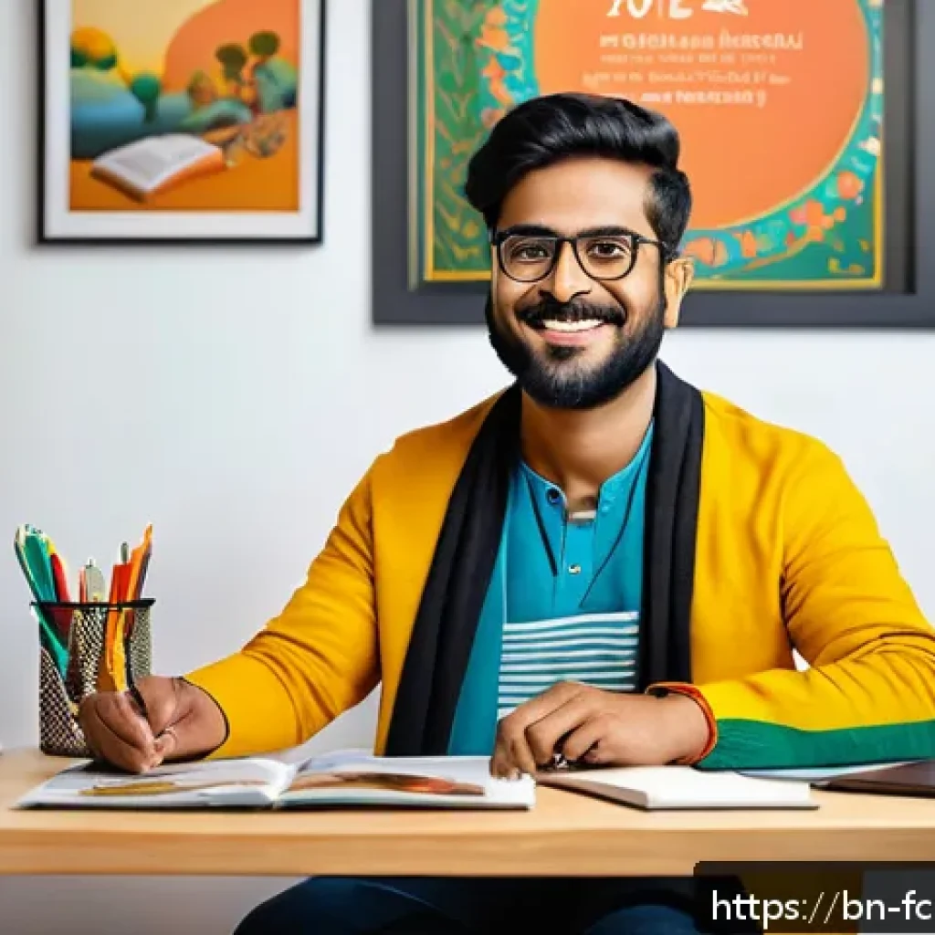 미래 크리에이터의 지속 가능성 - A creative Bengali content creator sitting at a modern desk with a laptop and digital drawing tablet...