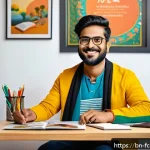 미래 크리에이터의 지속 가능성 - A creative Bengali content creator sitting at a modern desk with a laptop and digital drawing tablet...