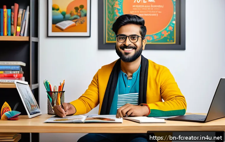 미래 크리에이터의 지속 가능성 - A creative Bengali content creator sitting at a modern desk with a laptop and digital drawing tablet...