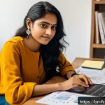 크리에이터의 경제적 자립 전략 - A creative Bengali woman sitting at a modern desk with a laptop and digital drawing tablet, surround...