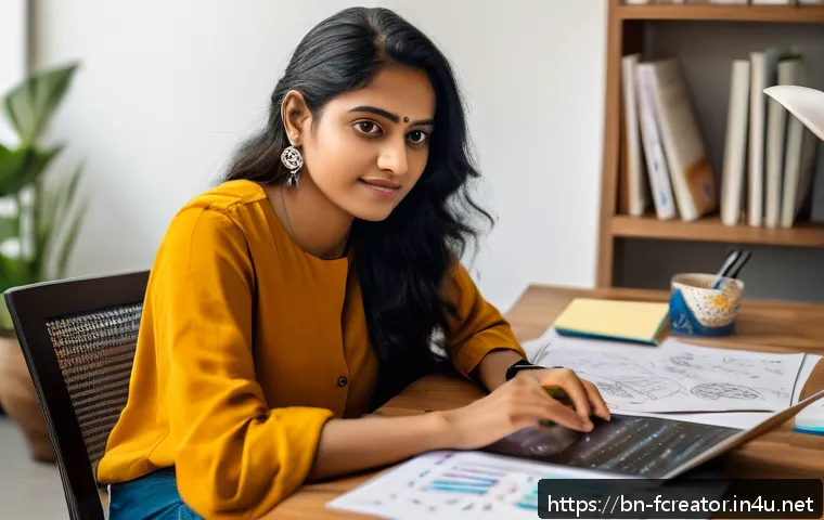 크리에이터의 경제적 자립 전략 - A creative Bengali woman sitting at a modern desk with a laptop and digital drawing tablet, surround...