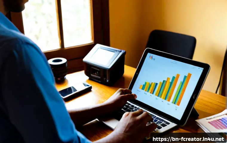 디지털 콘텐츠의 수익화 방법 - Photorealistic home office scene of a Bengali digital creator reviewing a tablet with colorful abstr...